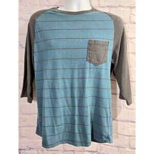 Retro Fit Blue Black Striped 3/4 Sleeves Men's Shirt Large Lightweight